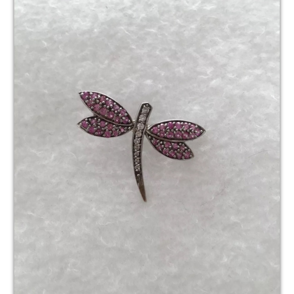 vintage 14k White Gold Dragonfly Pin 9 faceted diamonds & Pink Tourmaline Wings